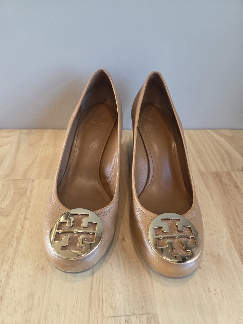 Tory Burch Tan Leather Round-Toe Wedge Heel with Logo Medallion